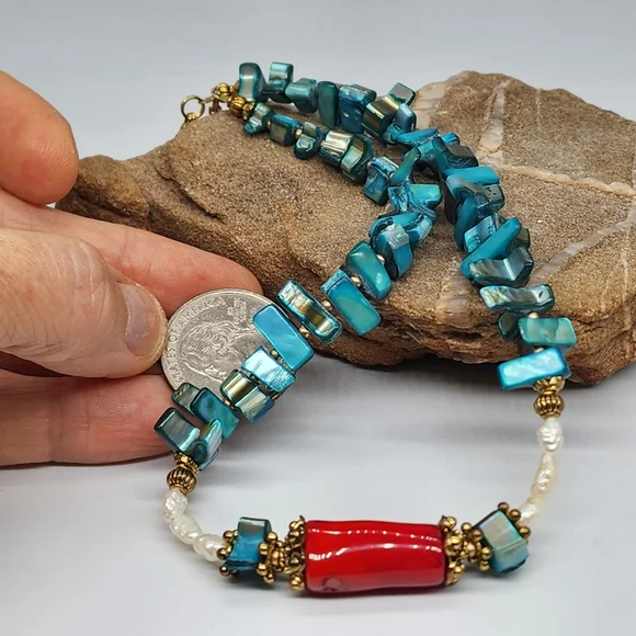 FP Ariana Ost Rare Designer Necklace Natural Coral Pearl Mother Of Pearl Stone - Picture 12 of 15